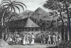Captain Samuel Wallis (1728-1830) being received by Queen Oberea on the Island of Tahiti, from 'A Voyage to the Pacific Ocean' by James Cook (1728-79) engraved by John Hall (1739-97) by John Webber