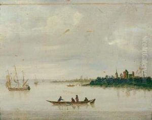 Chateau Fort Pres D'un Fleuve Ou Est Amarree Une Corvette by Simon De Vlieger