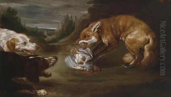 Two Hounds Chasing A Fox With A Dead Partridge - view 1
