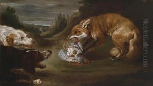 Two Hounds Chasing A Fox With A Dead Partridge by Paul de Vos