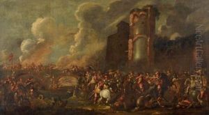 Choc De Cavalerie Pres D'une Tour En Ruine by Cornelis de Wael