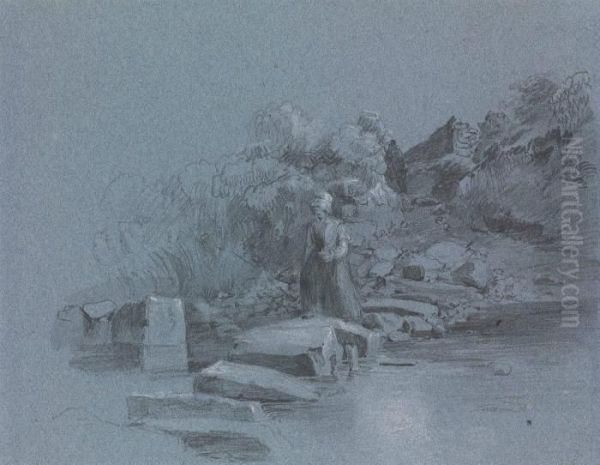 A Woman On Stepping Stones Crossing A Stream - view 1