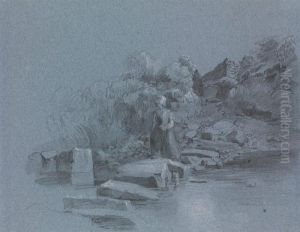 A Woman On Stepping Stones Crossing A Stream by Peter de Wint