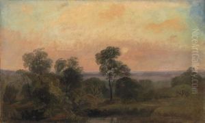 A Wooded Landscape At Dusk Oil On Millboard by Peter de Wint