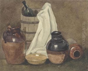 Still Life With A Wooden Pail 
And Stoneware Vessels Pencil And Watercolour With Scratching Out 6 1/8 X
 7.3.8 In by Peter de Wint