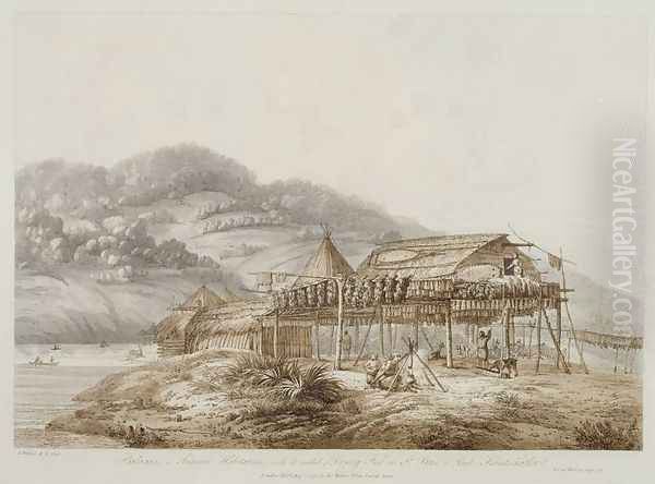 Balagans or Summer Habitations, with the Method of Drying Fish at St. Peter and Paul, Kamtschatka, from Views in the South Seas, pub. 1792 - view 1