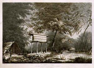 A Toopapaoo of a Chief with a Priest Making his Offering to the Morai in Huoheine, from Views in the South Seas, pub. 1789 by John Webber