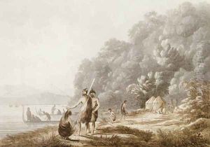 View in Queen Charlottes Sound, New Zealand, from Views in the South Seas, pub. 1790 by John Webber