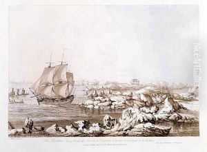 The Resolution Beating Through the Ice with the Discovery in the most Imminent Danger in the Distance, from Views in the South Seas, pub. 1792