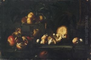 Natura Morta Con Alzata Di Pesche, Funghi E Melograni by Simone Del Tintore