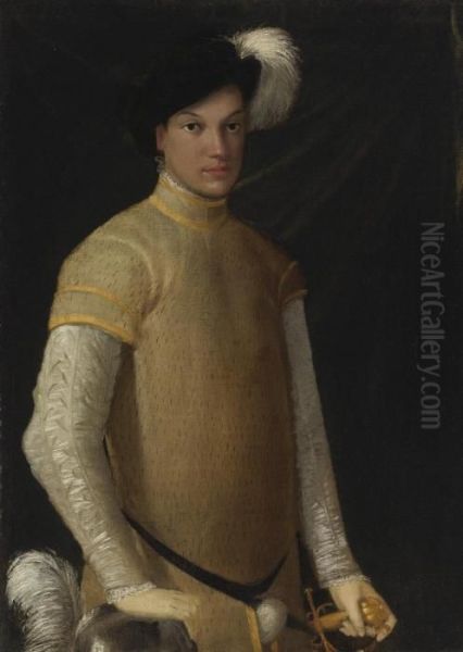 Portrait Of A Young Man Wearing A
Plumed Hat, A Yellow Doublet With Slashed Sleeves, Lace Cuffs And
Collar, Resting His Right Hand On A Plumed Helmet - view 1