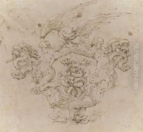 A Cartouche In The Form Of Two
Mermen With Intertwined Tails Supporting Harpies Whose Wings Support An
Eagle, With Pairs Of Writhing Serpents At Either Side And With A Group
Of Four Intertwined Serpents In The Centre - view 1