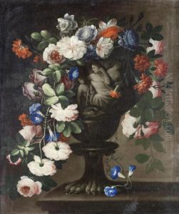 Tulips, Peonies, Jasmine And
Other Flowers In A Classical Carved Stone Urn, Before An Open Landscape;
And Roses, Carnations, Convulvulus And Other Flowers In A Classical
Carved Stone Urn by Francesco Della Questa