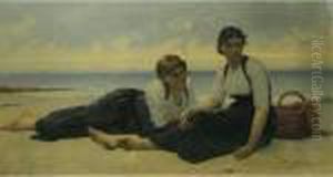 Two Young Girls Resting On A Beach by Francois Alfred Delobbe