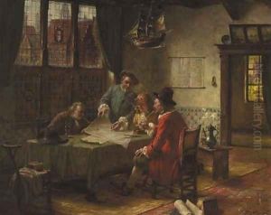 A Dutch seventeenth century interior with gentlemen discussing a naval chart around a table