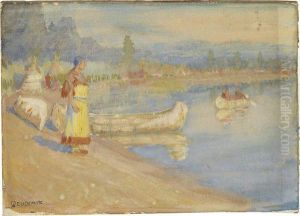 River Scene With Native Americans And Canoes