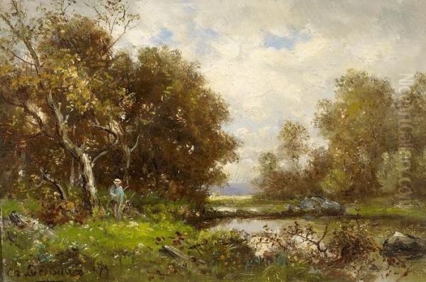Angler By A Pond In The Forest - view 1