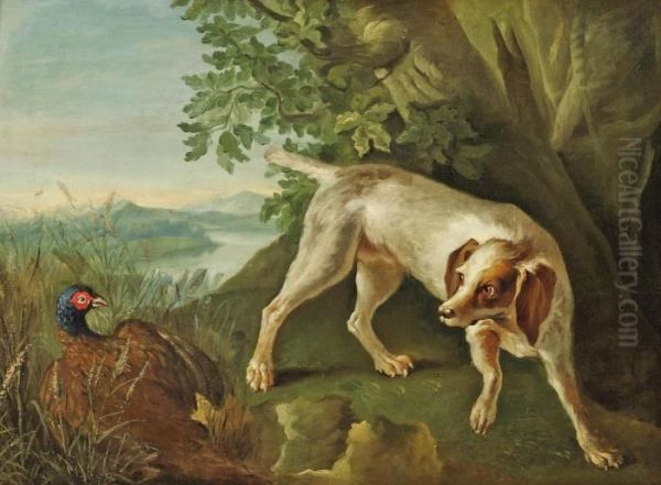 A Hound Flushing A Pheasant In A Landscape - view 1
