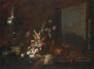 An Urn, Watermelons, A Wicker 
Basket With Roses, Tulips And Various Other Flowers, And A Pitcher, All 
On A Partially Draped Wooden Table