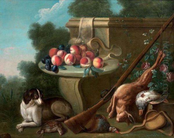 Chien Gardant Du Gibier Pres D'un Buffet Ou Sont Poses Des Fruits - view 1