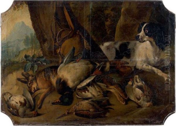 Nature Morte Aux Cols Verts, Perdreaux, Becasse Et Lievre, Surveilles Par Un Epagneul - view 1