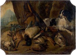 Nature Morte Aux Cols Verts, Perdreaux, Becasse Et Lievre, Surveilles Par Un Epagneul