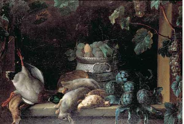 Nature Morte Au Gibier, A La Coupe De Prunes Et Aux Artichauts
Disposee Sur Un Entablement De Fenetre Decoree D'une Treille - view 1