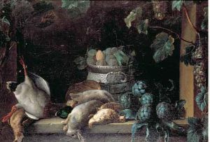 Nature Morte Au Gibier, A La Coupe De Prunes Et Aux Artichauts
Disposee Sur Un Entablement De Fenetre Decoree D'une Treille Nature Morte Au Gibier, A La Coupe De Prunes Et Aux Artichauts
Disposee Sur Un Entablement De Fenetre Decoree D'une Treille