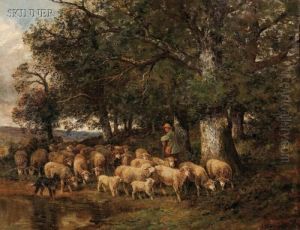 A Shepherd And His Flock Beneath Oak Trees
