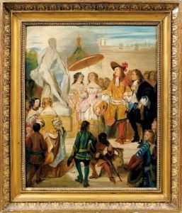 Pujet Presentant Sa Statue De Milon De Crotone Dans Les Jardins De Versailles by Eugene Francois Marie Joseph Deveria