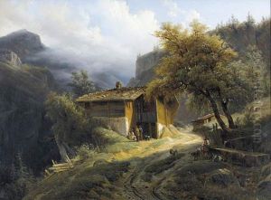 Gebirgslandschaft Mit Chalet Und Figurenstaffage