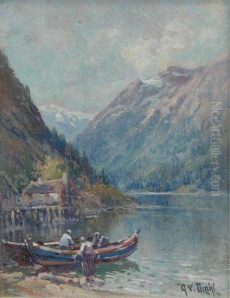 Fisherman On A Mountain Lake - view 1