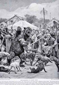 Bear Baiting in Saxon Times, illustration from Hutchinsons Story of the British Nation, c.1920 by Richard Caton Woodville