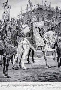 Edward the Confessor watching the building of Westminster Abbey, the first Norman church erected in England, illustration from the book The History of the Nation by Richard Caton Woodville