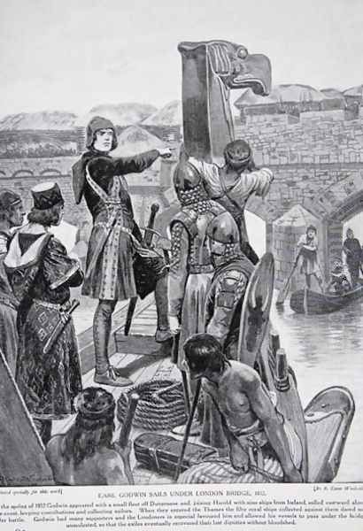 Earl Godwin sails under London Bridge in 1052, to join his son Harold with 9 ships from Ireland, illustration from the book The History of the Nation - view 1