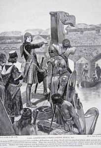 Earl Godwin sails under London Bridge in 1052, to join his son Harold with 9 ships from Ireland, illustration from the book The History of the Nation by Richard Caton Woodville