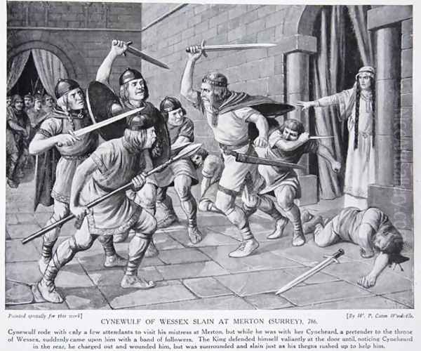 Cynewulf of Wessex Slain at Merton (Surrey), 786 AD, illustration from Hutchinsons Story of the British Nation, c.1920 - view 1
