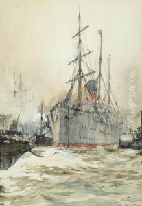 'en Route': A Liner Under Tow Leaving The Dockside by Charles Edward Dixon