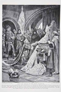 John pays homage to the Papal legate, 1213, illustration from The History of the Nation by Richard Caton Woodville
