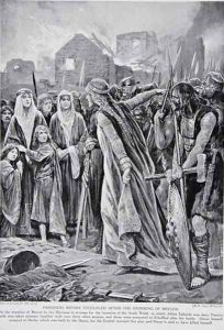 Prisoners before Ethelfled after the storming of Brecon, illustration from the book The History of the Nation by Richard Caton Woodville