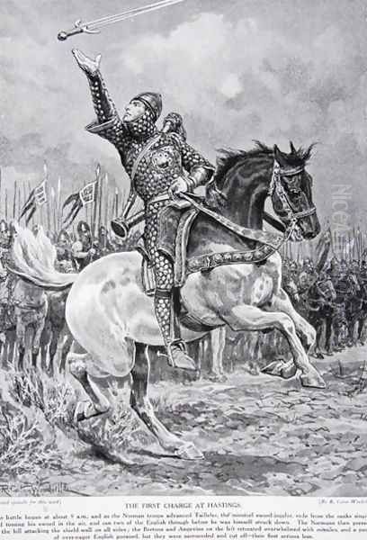 The first charge at Hastings: Taillefer the minstrel sword-juggler rode from the ranks singing and tossing his sword in the air, 1066, illustration from the book The History of the Nation - view 1