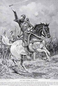 The first charge at Hastings: Taillefer the minstrel sword-juggler rode from the ranks singing and tossing his sword in the air, 1066, illustration from the book The History of the Nation