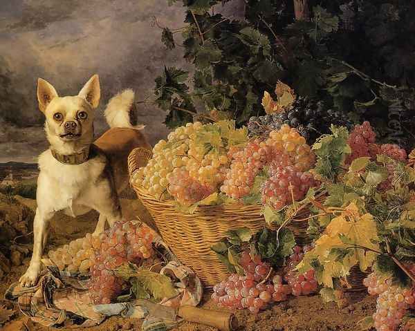 A Dog By A Basket Of Grapes In A Landscape - view 1