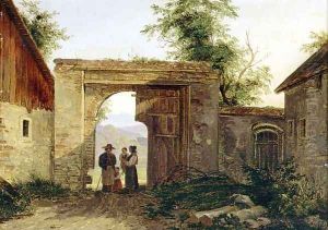 A Farmyard with peasants at a gateway by Ferdinand Georg Waldmuller