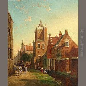 A Dutch Town Scene With A Figure
 And A Cart And Children Fishing From A Canal In The Foreground