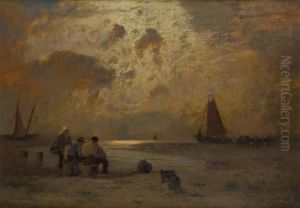 Pecheurs Au Coucher Du Soleil by Louis, Carl Ludwig Douzette