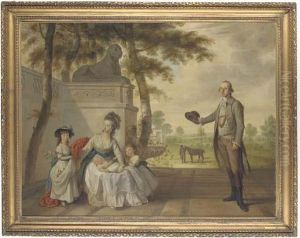 Portrait Of Benjamin Cole And
His Family In A Garden, A Groom Holding A Bay Horse In The Background by John Downman