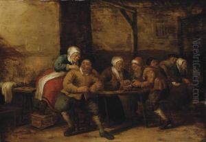 A Barn Interior With Figures Packing Their Pipes And Sitting Around Tables A Barn Interior With Figures Packing Their Pipes And Sitting Around Tables