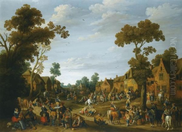 A Busy Village Scene With Soldiers And Peasants - view 1