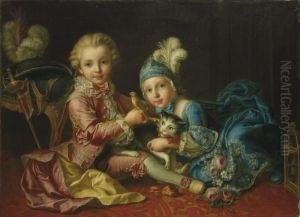 Portrait De Deux Enfants Jouant Avec Un Chat Et Un Canari